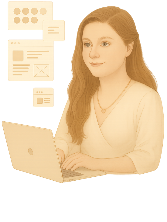 Illustration d’une femme créant un site web personnalisé sur son ordinateur, entourée d’interfaces graphiques, représentant la création de site internet sur mesure par L’Écrin Digital